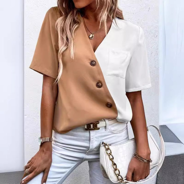 Damen Chice Hemdbluse mit asymmetrischem Farbdesign und Knopfdetails Drune