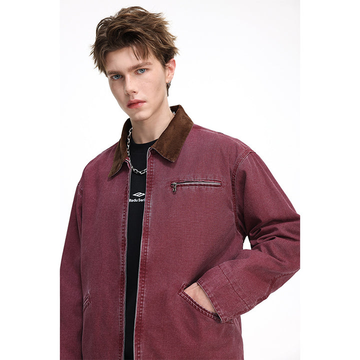 Herren Freizeitjacke aus gewaschenem Baumwollcanvas mit Cordkragen und Reißverschluss-Tasche Drune