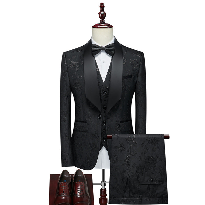 Herren Luxuriöses dreiteiliges Smoking-Set mit Schalrevers und Blumen-Jacquard Drune