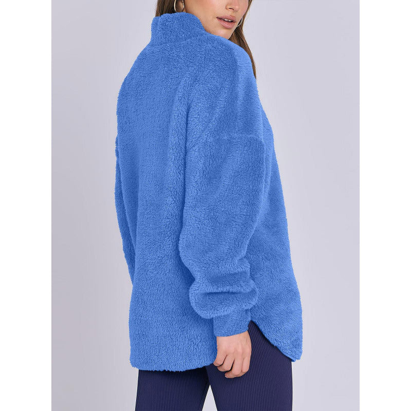 Damen Flauschiger Oversize-Sherpa-Pullover mit Halbzip und Kängurutaschen Drune