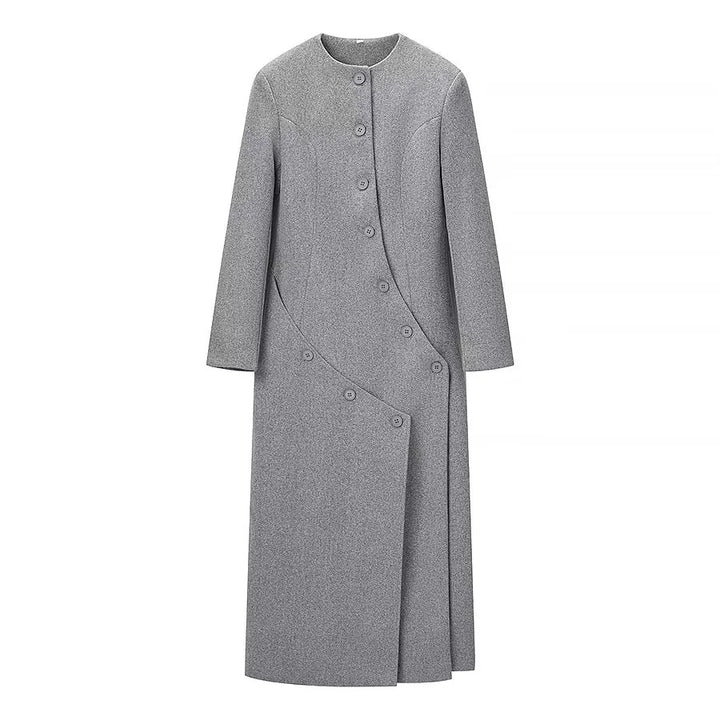 Damen nan asymmetrischer Maxi-Mantel mit Rundhalsausschnitt und geschwungener Knopfleiste Drune
