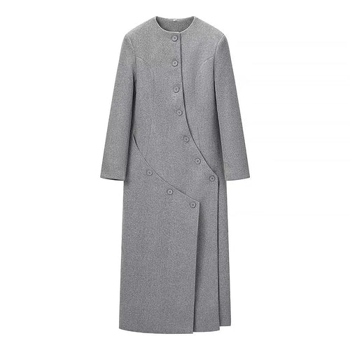 Damen nan asymmetrischer Maxi-Mantel mit Rundhalsausschnitt und geschwungener Knopfleiste Drune