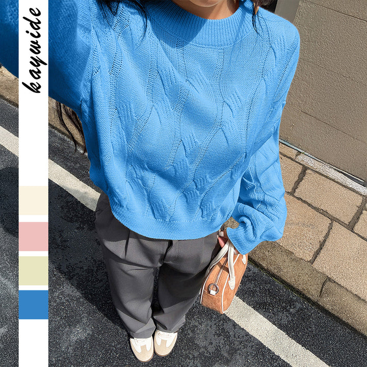 Damen nan cropped Zopfmuster-Pullover mit kastiger Silhouette, überschnittener Schulter und geripptem Saum Drune