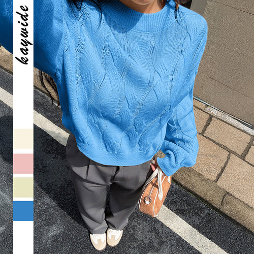 Damen nan cropped Zopfmuster-Pullover mit kastiger Silhouette, überschnittener Schulter und geripptem Saum Drune