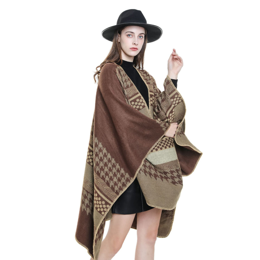 Damen Wohliger Oversize-Umhangponcho aus Wollmix mit Hahnentritt- und Grafikjacquard Drune