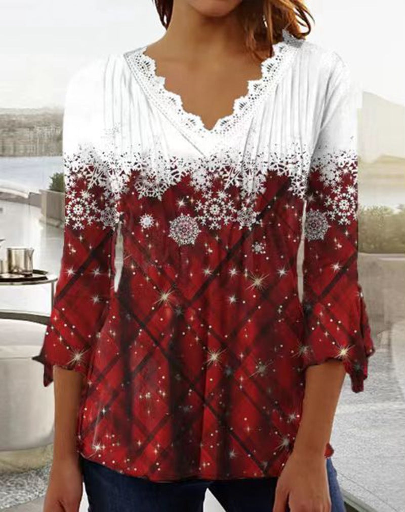 Damen nan Tunika-Bluse mit Spitzen-V-Ausschnitt, feiner Plissee-Passe und winterlichem Schneeflocken-Print Drune