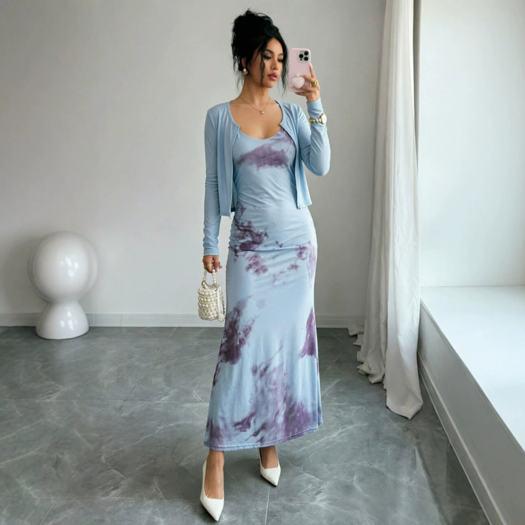 Damen Midikleid-Set mit Kurzcardigan und figurumschmeichelnder Silhouette Drune