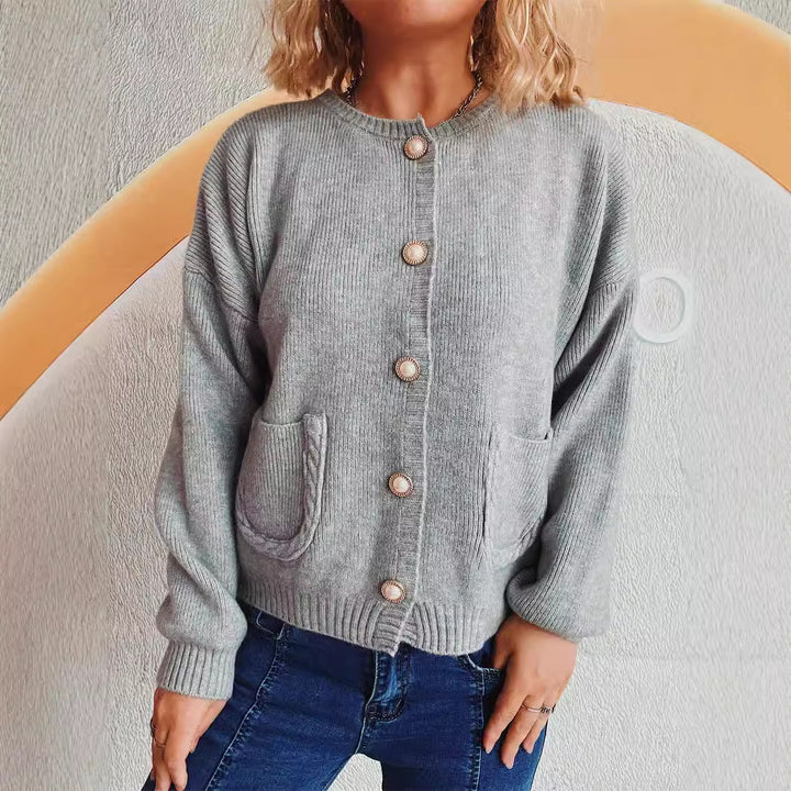 Damen gemütliche Strickjacke mit Perlenknöpfen und Taschen Drune