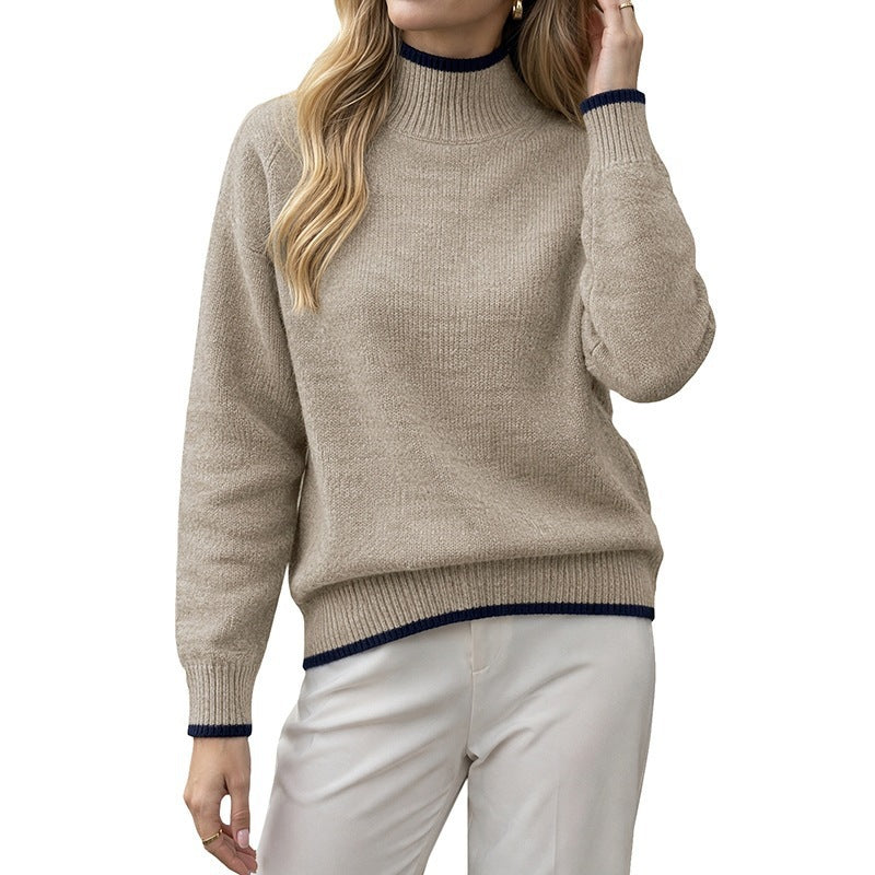 Damen Kaschmir-Optik Stehkragenpullover mit kontrastierten Bündchen Drune
