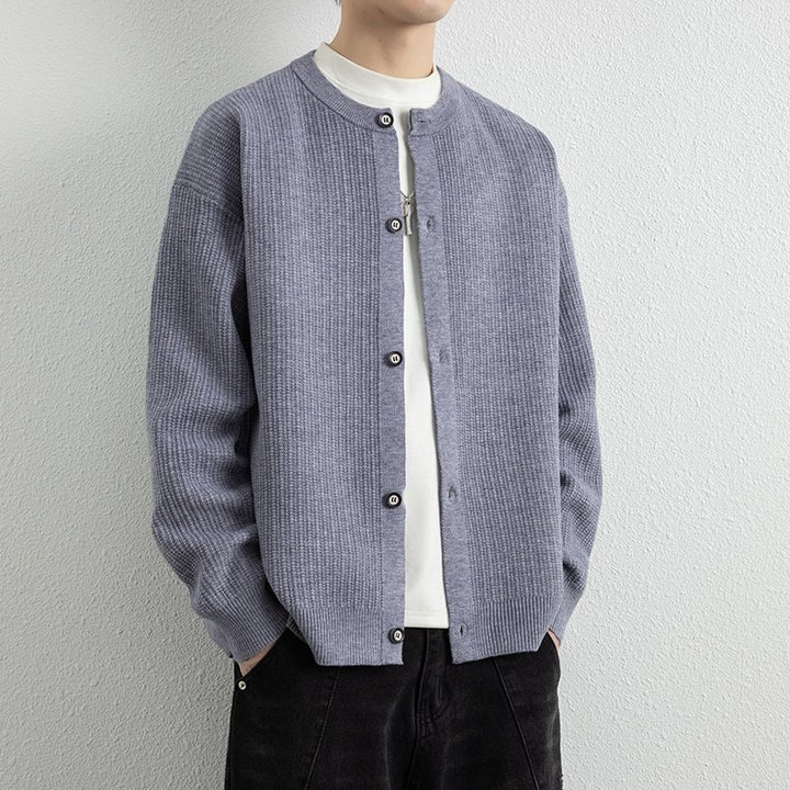 Herren Locker geschnittene Strukturstrick-Cardigan mit Rundhals und Knopfleiste Drune
