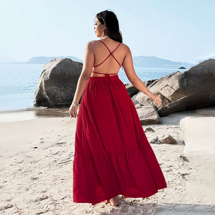 Damen Maxikleid mit tiefem V-Ausschnitt und elastischem Taillenbund Drune