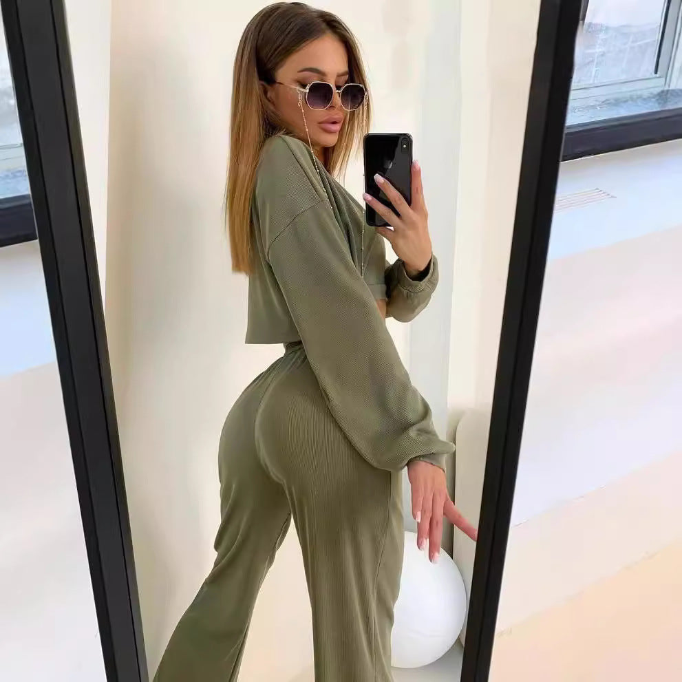 Damen Ripp-Lounge-Set mit Cut-Out Croptop, Oversize Cropped Pullover und High-Waist Jogginghose Drune