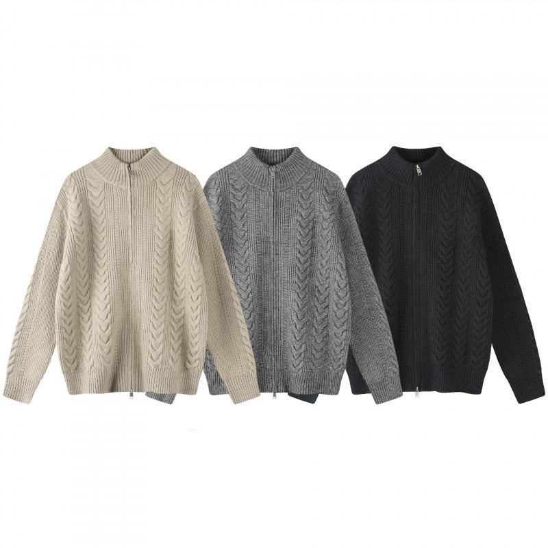 Damen Grobgestrickter Zopfstrick-Cardigan mit durchgehendem Reißverschluss und Stehkragen Drune