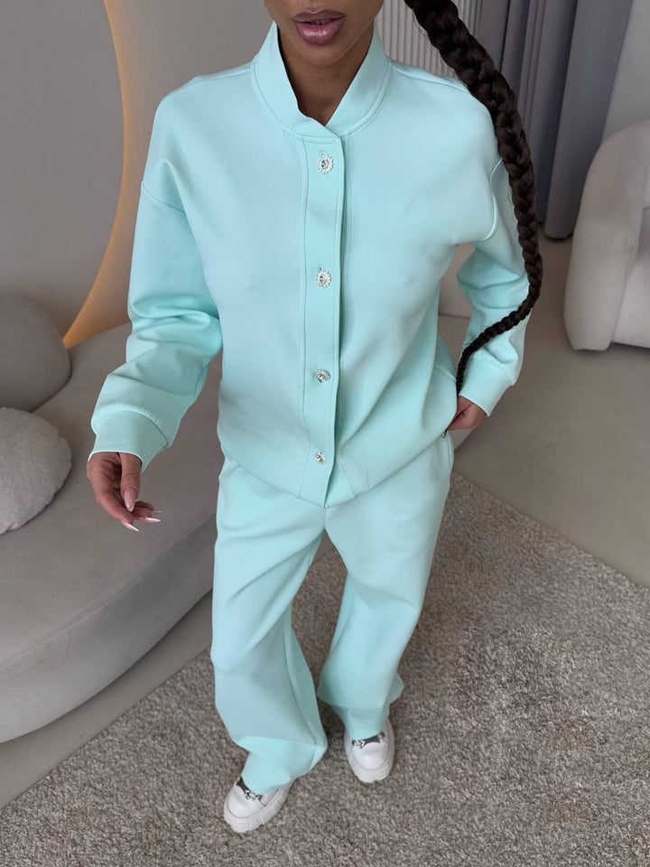 Damen Zweiteiliges Loungewear-Set mit Stehkragen, dekorativen Schmuckknöpfen und weitem Palazzo-Hosenbein Drune
