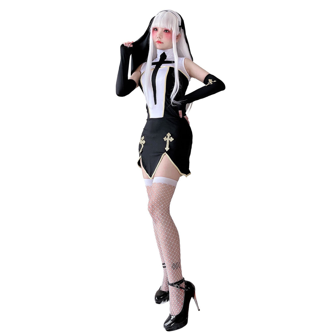 Damen Gothic Minikleid mit Spitzenärmeln und Kreuzdetails Drune