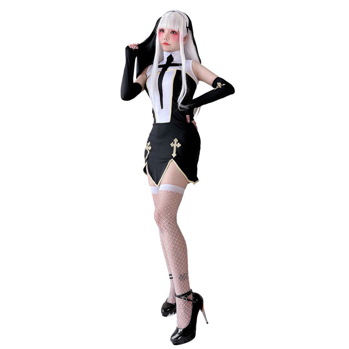 Damen Gothic Minikleid mit Spitzenärmeln und Kreuzdetails Drune