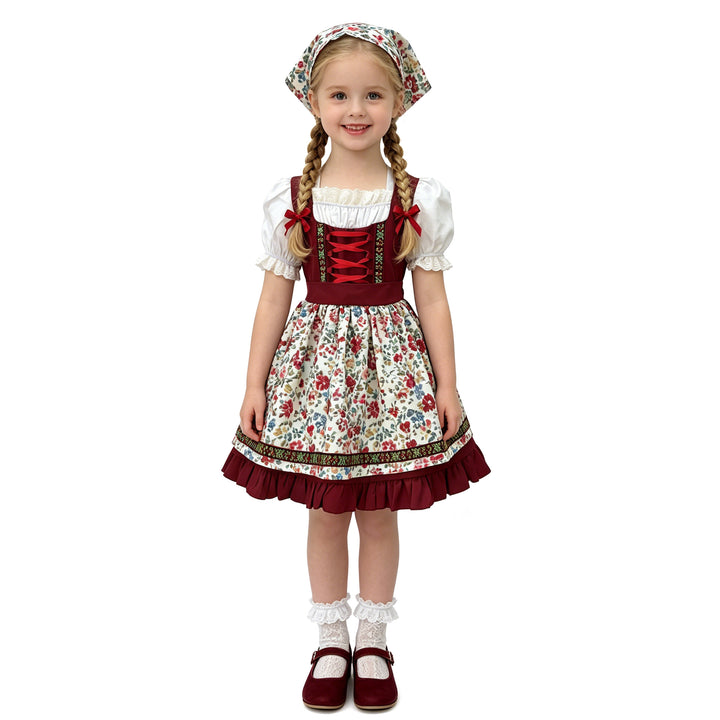 Damen nan traditionelles Kinderdirndl-Set mit bestickter Schürze, Rüschenbluse und Halstuch Drune