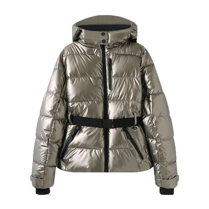Damen 100+ gesteppte Ski- und Winterjacke mit Kapuze, Taillengürtel & wasserdichten Reißverschlüssen Drune