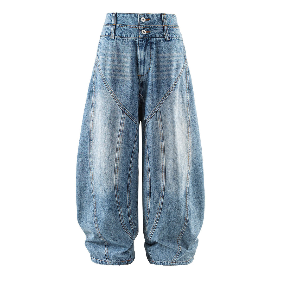 Damen hochtaillierte Ballon-Jeans mit Ziernähten und elastischem Saum Drune