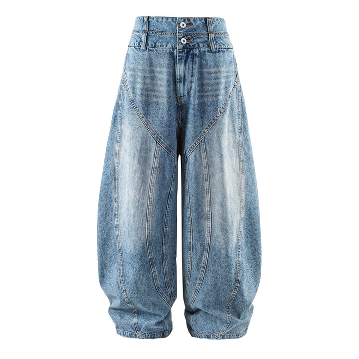 Damen hochtaillierte Ballon-Jeans mit Ziernähten und elastischem Saum Drune