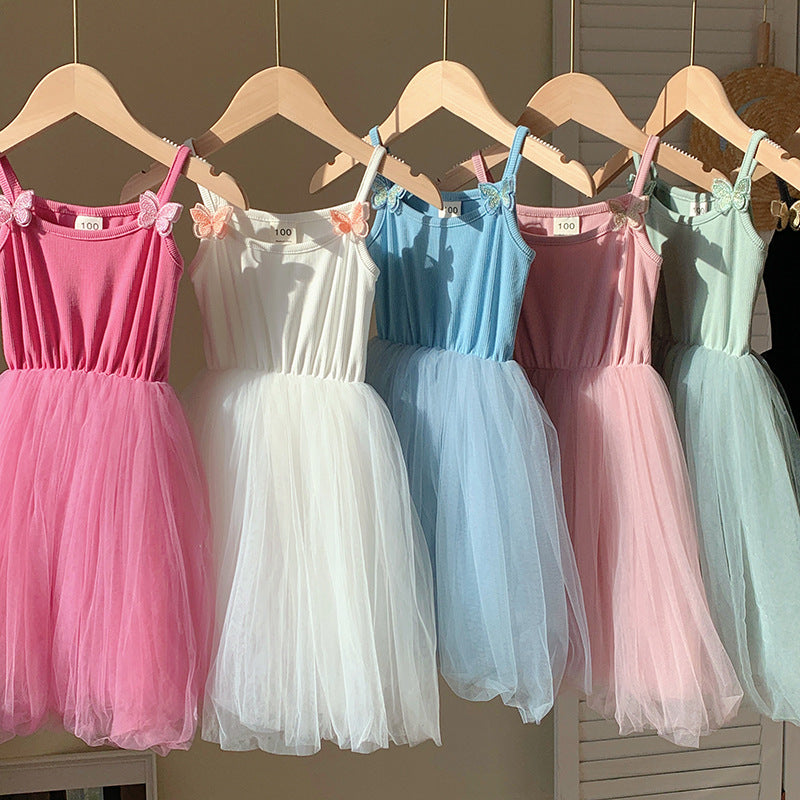 Mädchen Elegantly Gestaltetes Tüll-Party-Kleid mit Dekorativen Schmetterlings-Trägern Drune