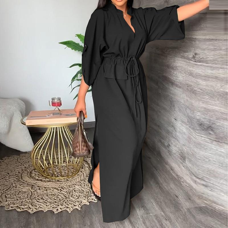 Damen Maxikleid mit Taillierung und offenem Kragen Drune