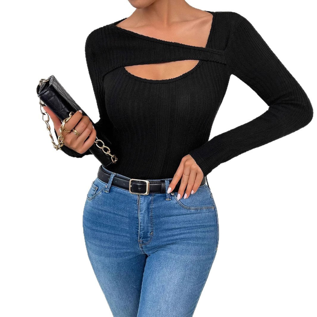 Damen nan figurbetontes langärmeliges Rippstricktop mit Schlüsselloch und asymmetrischem Ausschnitt Drune