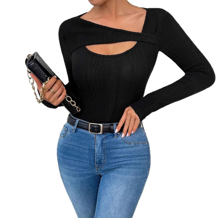 Damen nan figurbetontes langärmeliges Rippstricktop mit Schlüsselloch und asymmetrischem Ausschnitt Drune