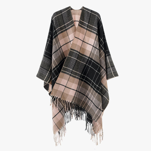 Damen Oversize-Kimono-Capeponcho im Karomuster mit Fransensaum Drune