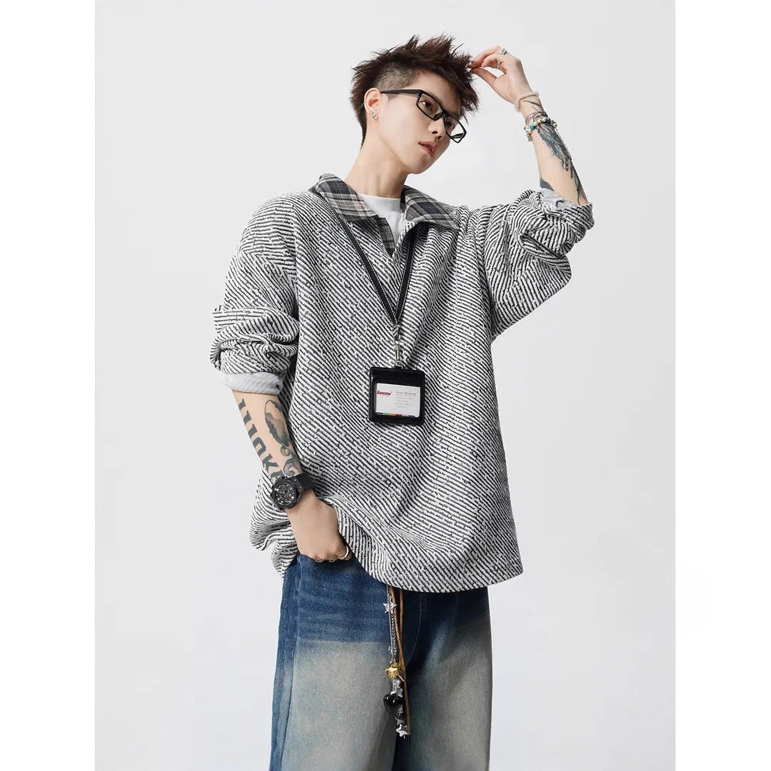 Herren Oversize Strukturiertes Sweatshirt mit Polokragen und diagonaler Strickstruktur Drune