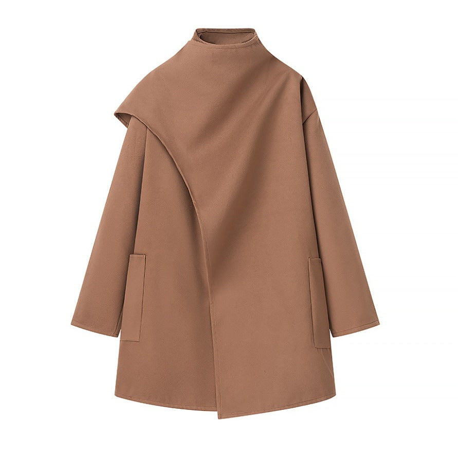 Damen 40+ asymmetrischer Wollmix Cape‑Mantel mit Stehkragen Drune