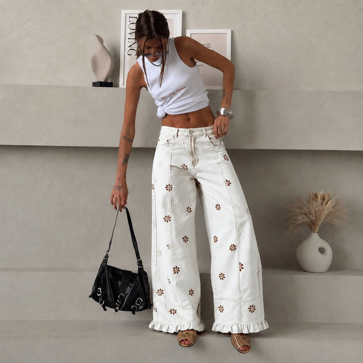 Damen weite Denimhose mit Gänseblümchen-Print, hohem Bund und Rüschenabschluss Drune