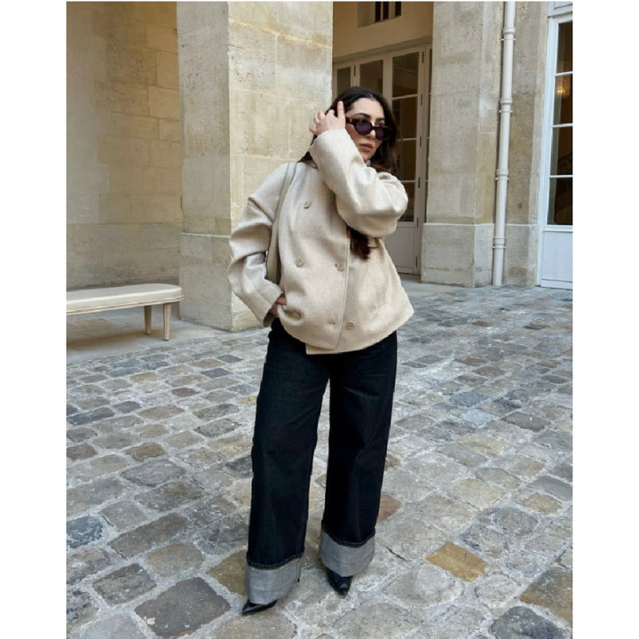 Damen Oversized Wolljacke mit hohem Kragen und doppelter Knopfleiste Drune
