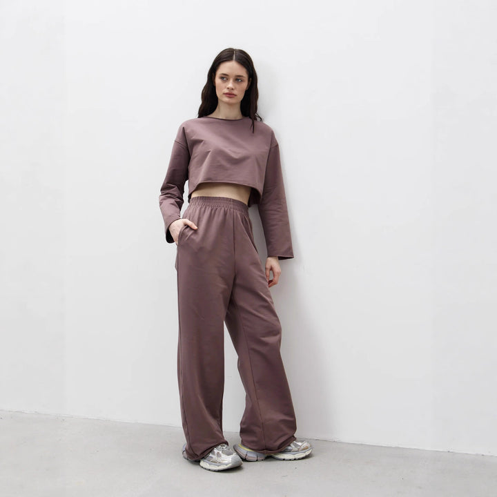 Damen Kurzgeschnittenes Sweatshirt und High-Waist Relax-Jogginghose Set Drune