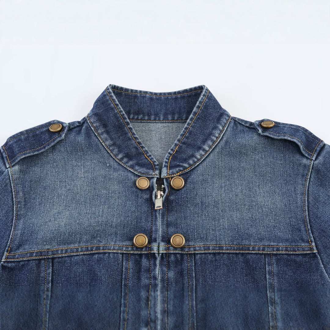 Damen Jeansjacke mit Stehkragen, Doppelreihen‑Druckknöpfen und Schulterklappen Drune