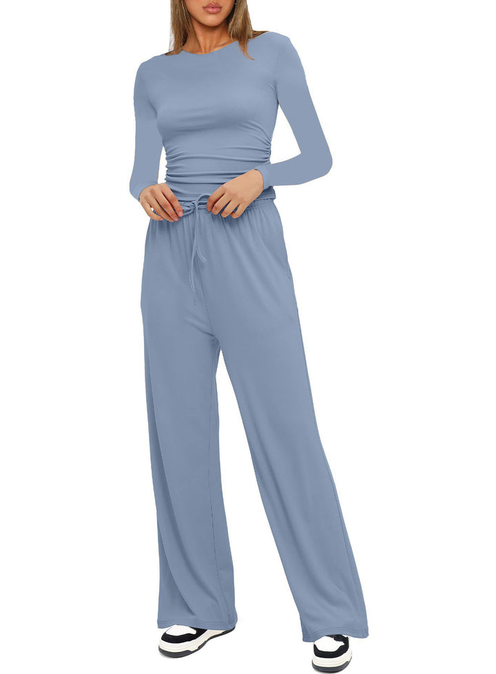 Damen Figurbetontes Longsleeve mit seitlicher Raffung und High-Waist Palazzo-Jogginghose Set Drune