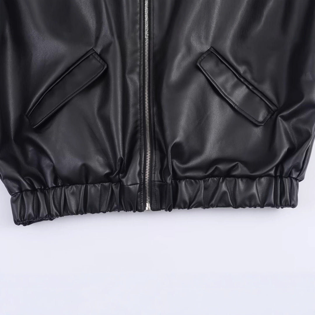 Damen Kunstleder-Bomberjacke mit abgesetzter Kapuze im Sweatstyle und elastischem Saum Drune