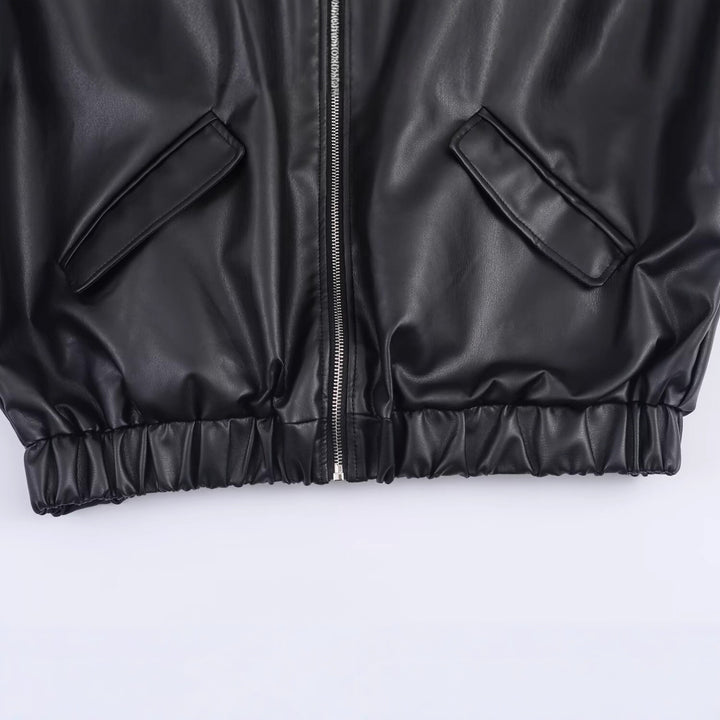 Damen Kunstleder-Bomberjacke mit abgesetzter Kapuze im Sweatstyle und elastischem Saum Drune