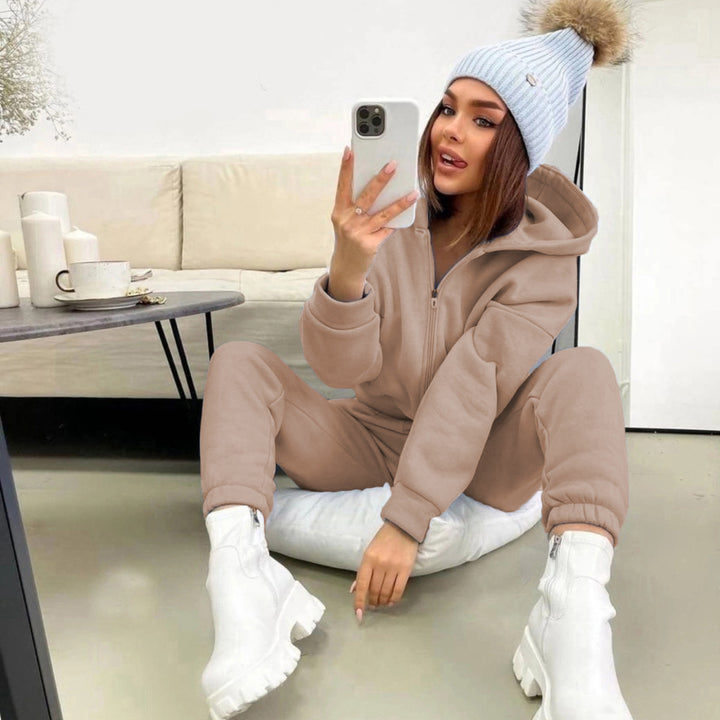 Damen komfortabler Oversize-Zweiteiler Jogginganzug mit Kapuzenhalbzip, elastischem Highwaist-Bund und Kängurutaschen Drune