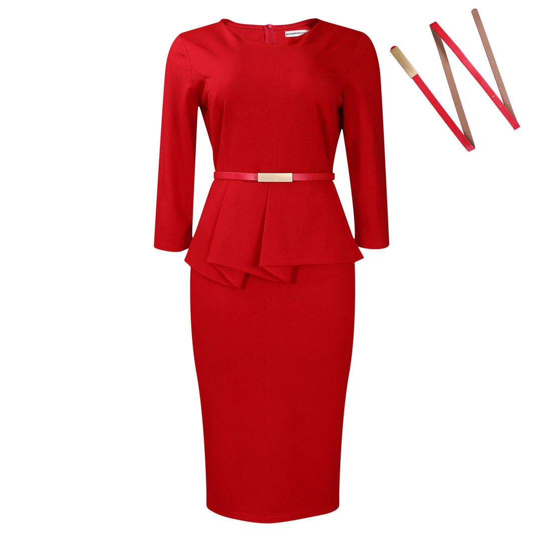 Damen Midi-Kleid mit elegantem Peplum-Schnitt und schmaler Silhouette Drune