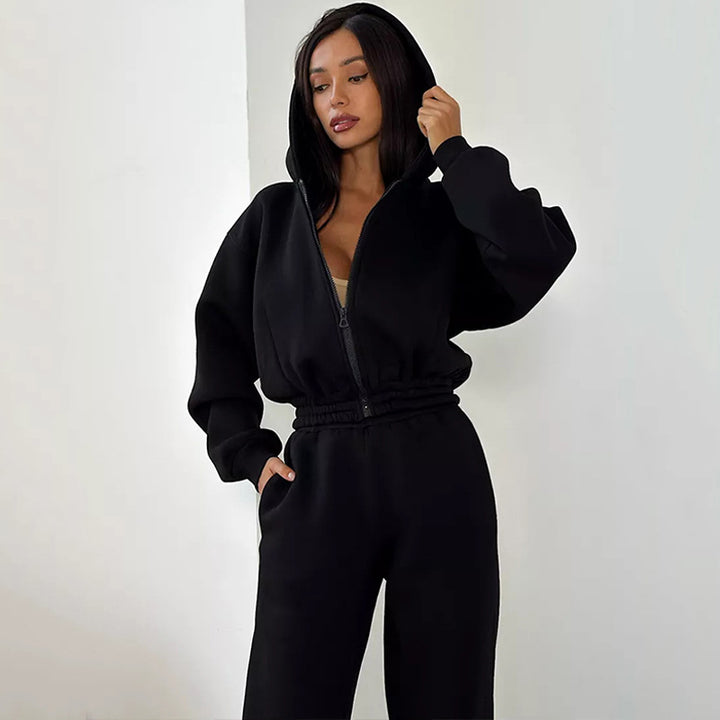 Damen Taillierter Zip-Overall im Loungewear-Stil mit Kapuze, Balloonärmeln und hoher Bundkante Drune