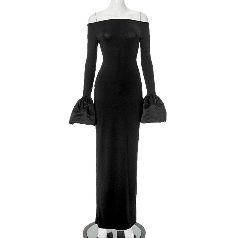 Damen Elegantes Langarm-Maxikleid mit Off-Shoulder-Ausschnitt und Rüschendetails Drune