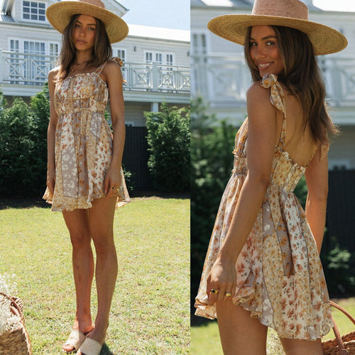 Damen luftiges Sommerkleid mit verspieltem Blumenmuster und Spaghetti-Trägern Drune