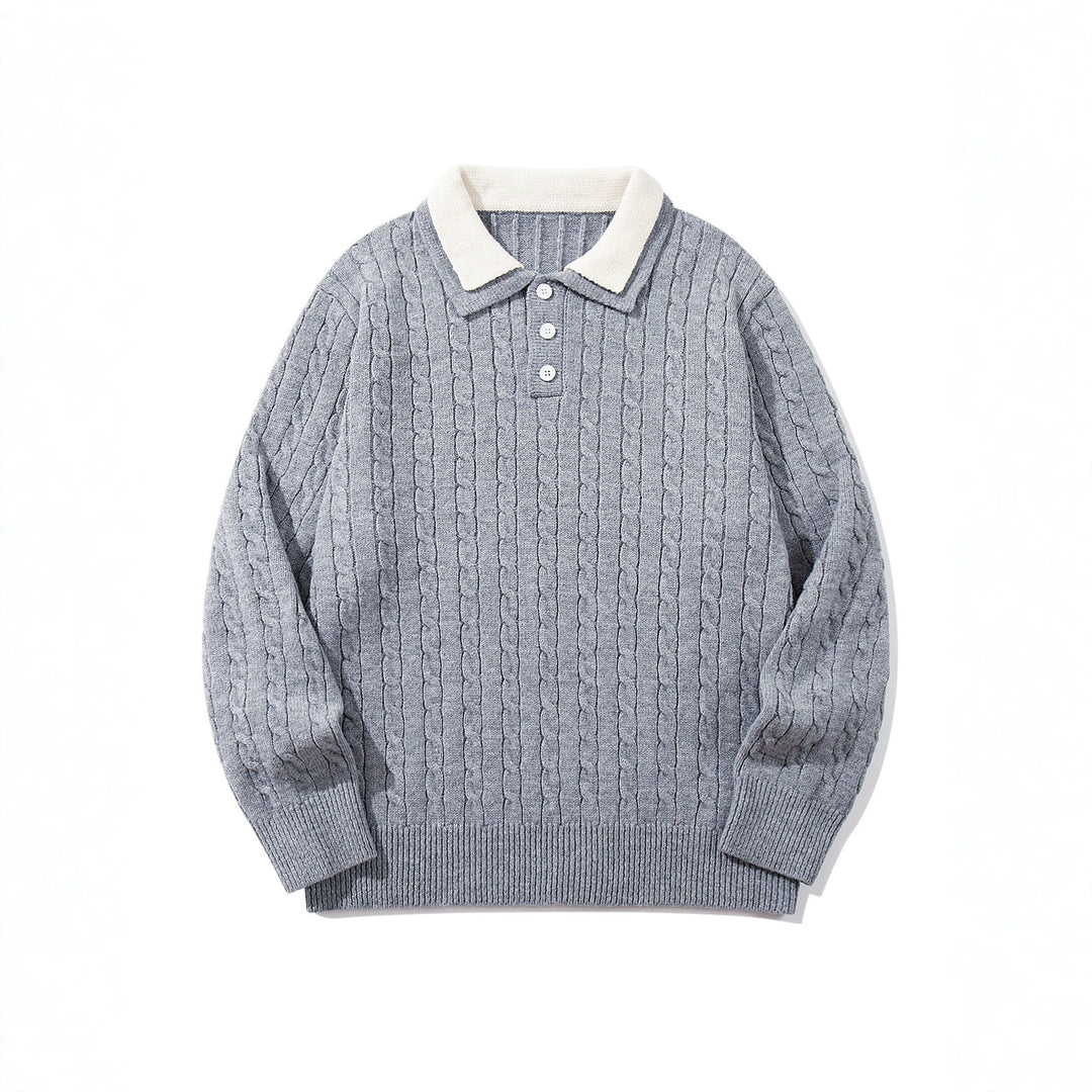 Unisex Polo-Strickpullover mit Zopfstrick und Kontrastkragen Drune