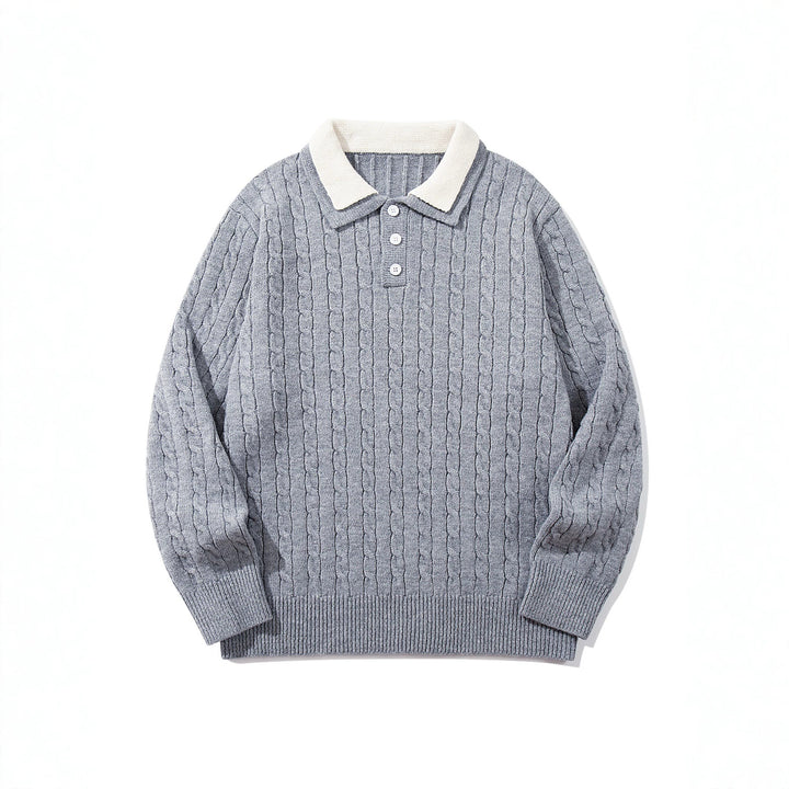 Unisex Polo-Strickpullover mit Zopfstrick und Kontrastkragen Drune