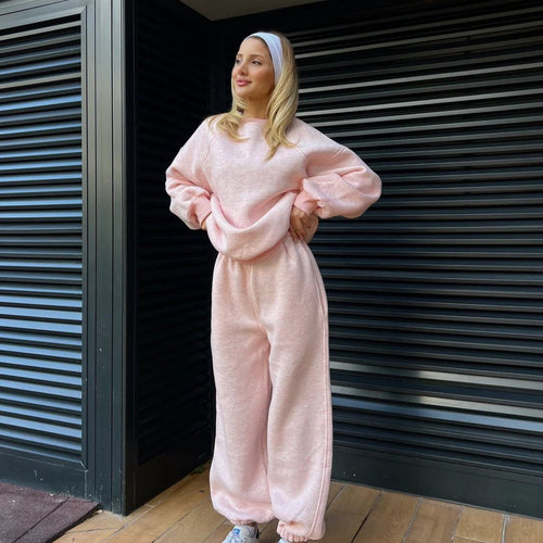 Damen Oversized Sweatshirt- und Palazzo-Jogginghose Set aus schwerem Baumwollfleece Drune