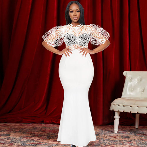 Damen Elegantes Maxikleid mit Spitzenoberteil und voluminösen Ärmeln Drune