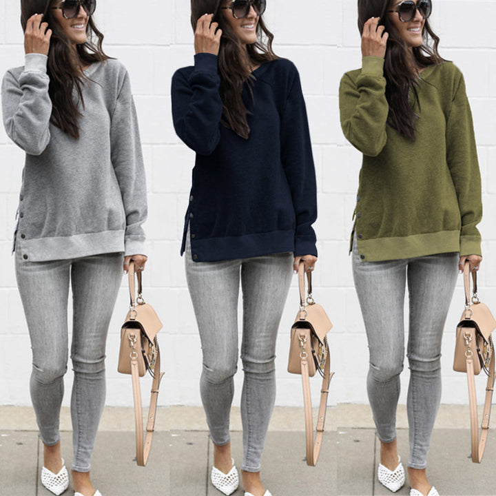 Damen lässiges Sweatshirt mit seitlichen Druckknopfdetails und modischem V-Ausschnitt Drune