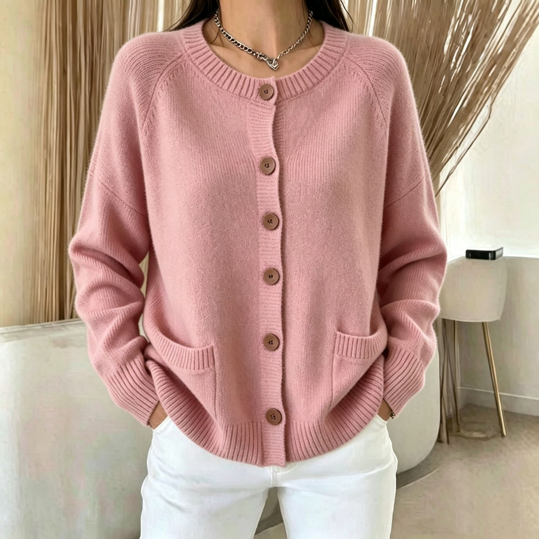 Damen Knopf-Cardigan mit Rundhals, aufgesetzten Taschen und Raglanärmeln Drune