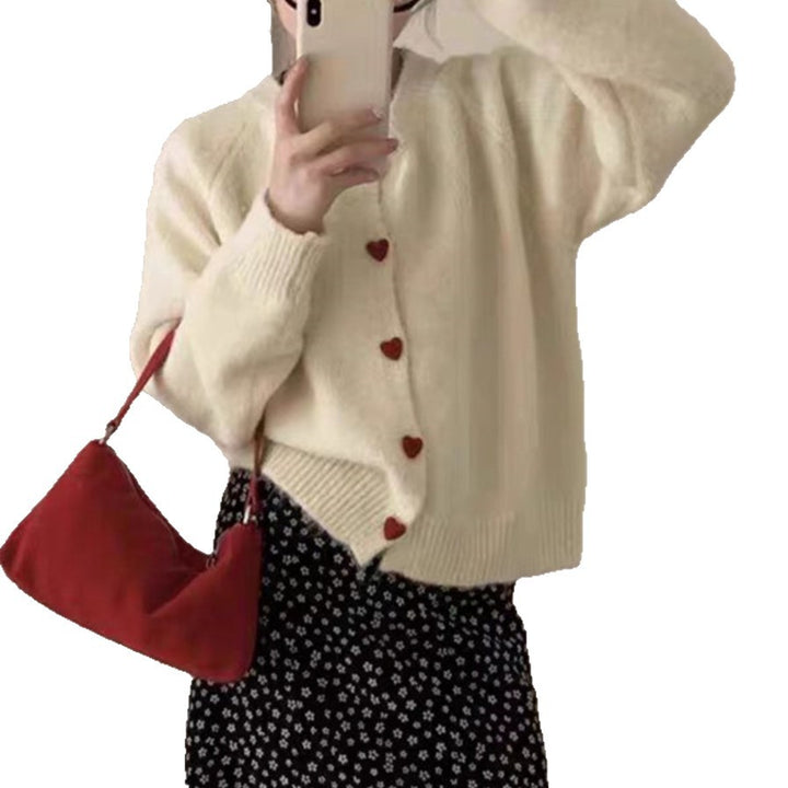 Damen kuschelige Strickjacke mit Herzknöpfen Drune
